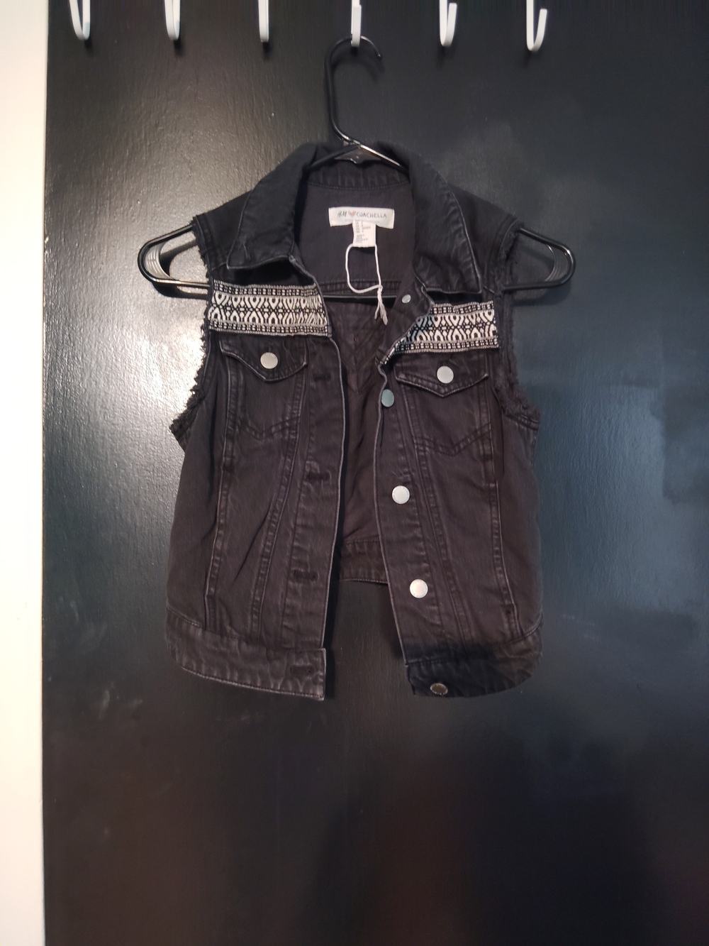 H&M Black Denim Sleeveless Vest with Tribal Embroidered Yoke